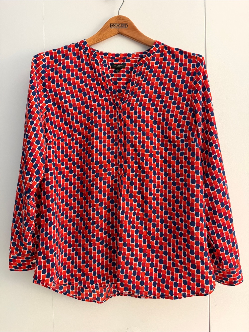 Talbots Red & Navy Geometric Print Long-Sleeve Blouse